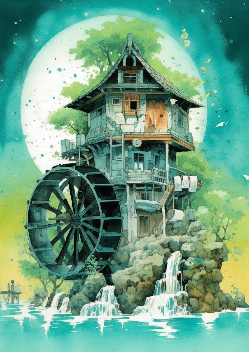 二十四节气小满水车三层石屋月亮太阳小溪流水湖泊假山竖版插画,插画/手绘图,插画/手绘图库,插画/手绘图下载,插画/手绘